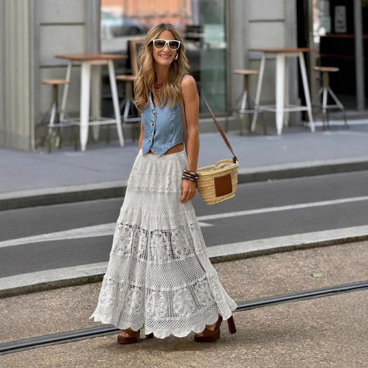 A-Line Crochet Lace Patchwork Knit Skirt