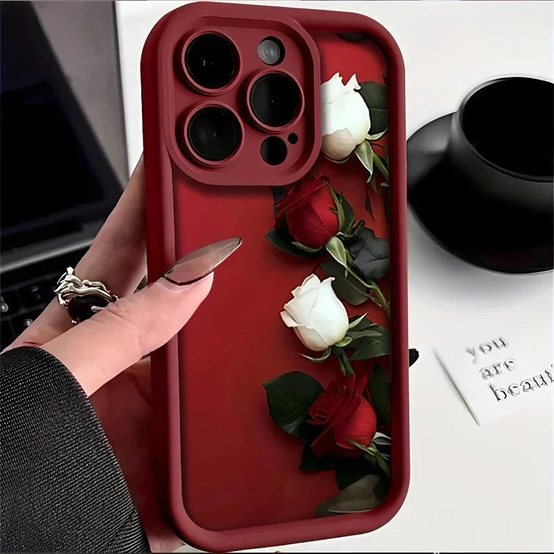 Wine red soft TPU iPhone case featuring white rose and red rose decoration