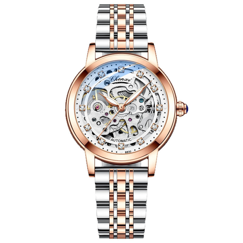 Rose gold skeleton mechanical watch with steel link bracelet and open dial
