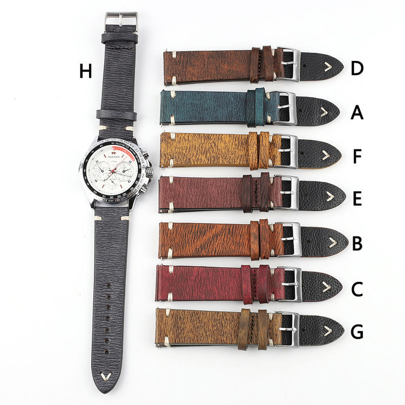 Set of patterned leather watch straps with metal buckles in gray, blue, tan, and red
