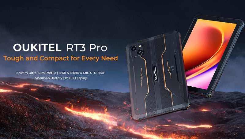 OUKITEL RT3 Pro rugged tablet with fiery background