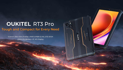 OUKITEL RT3 Pro rugged tablet with fiery background
