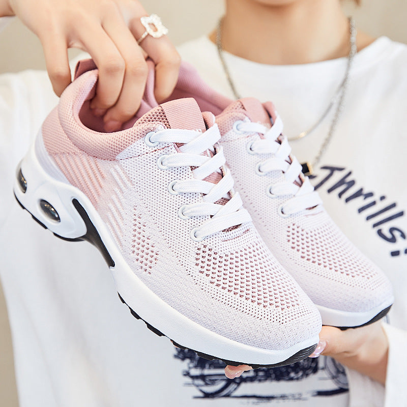 Breathable flyknit running shoe, blush pink and white lace-up with air-cushion sole