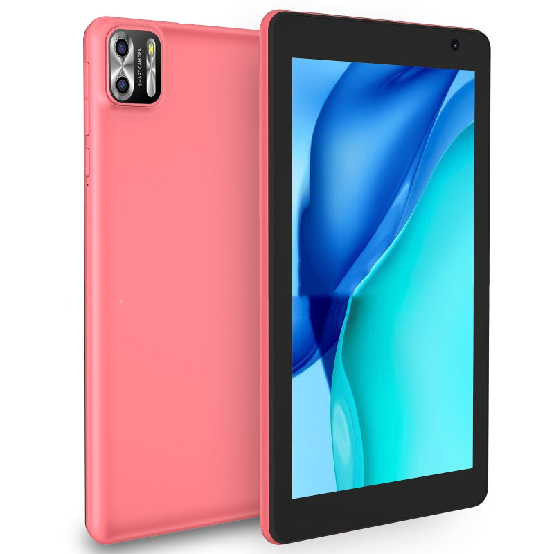 Pink tablet with black screen displaying colorful wallpaper on a white background