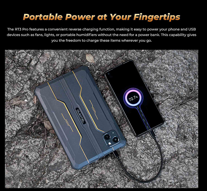 Portable power bank and phone on a textured surface with text about its features.