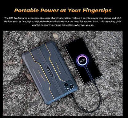 Portable power bank and phone on a textured surface with text about its features.
