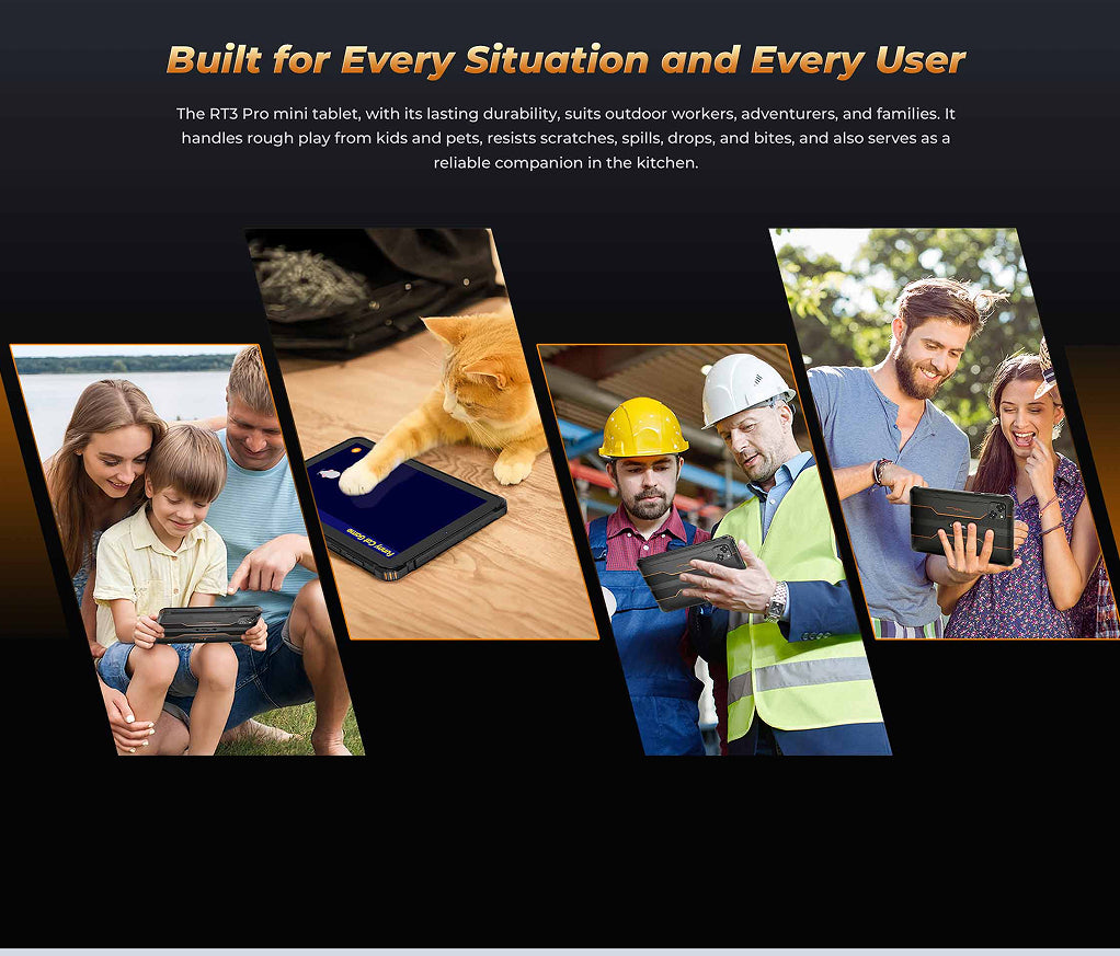 Promotional image of a tablet with text about its durability and versatility, featuring various users and scenarios.