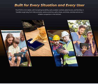 Promotional image of a tablet with text about its durability and versatility, featuring various users and scenarios.
