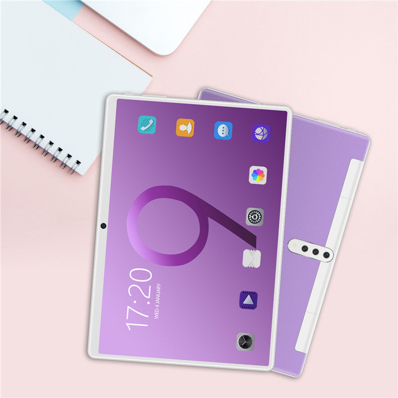 Purple smartphone with app icons on a light pink background