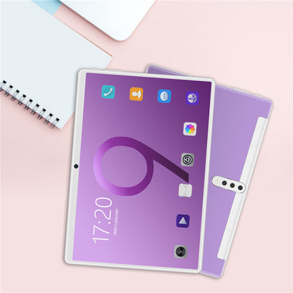 Purple smartphone with app icons on a light pink background