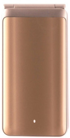Rose gold flip phone on a white background