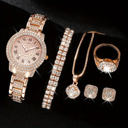 Rose gold jewelry set including watch, bracelet, necklace, and ring on a black background