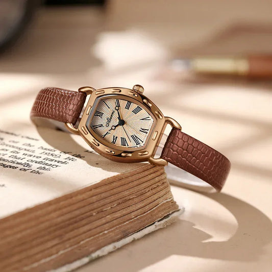 Women’s leather strap watch with rose gold case, Roman dial, brown textured strap