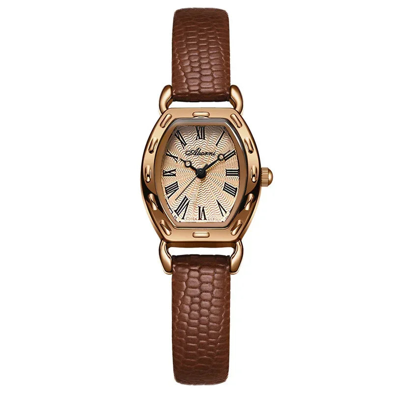 Women’s rose gold case leather strap watch, Roman dial and brown leather band