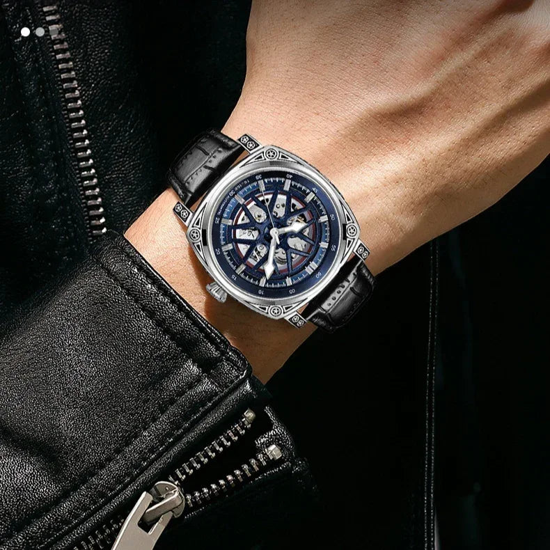 Mechanical skeleton watch, black leather strap, blue skeleton dial