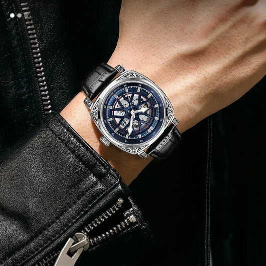 Mechanical skeleton watch, black leather strap, blue skeleton dial
