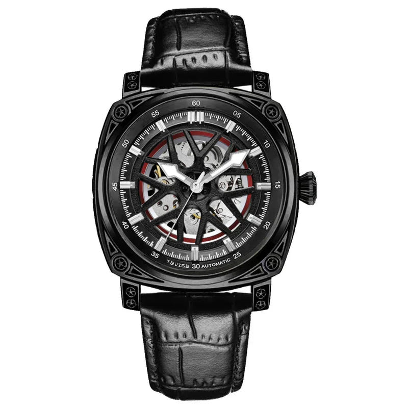 Mechanical skeleton watch with black dial, black leather strap, silver bezel