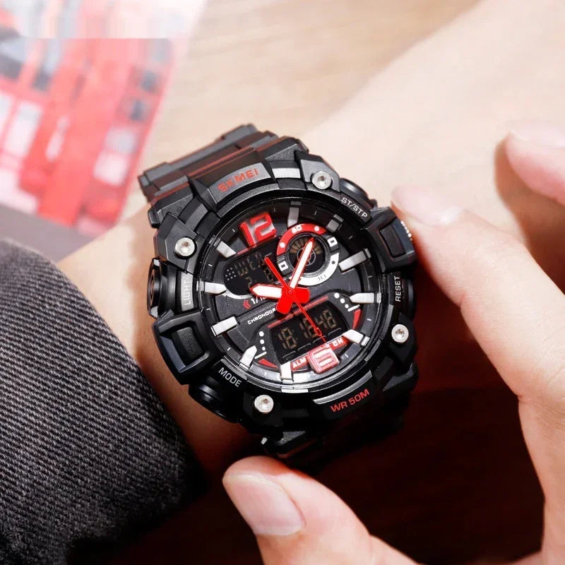 Men's sports digital-analog watch, black case with red dial and digital display