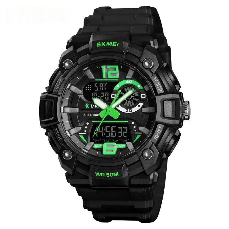 Men's sports digital-analog watch, black case with green glowing dial and display
