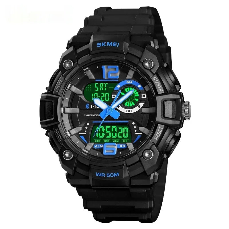 Men's sports digital-analog watch, black case with blue hands and digital display