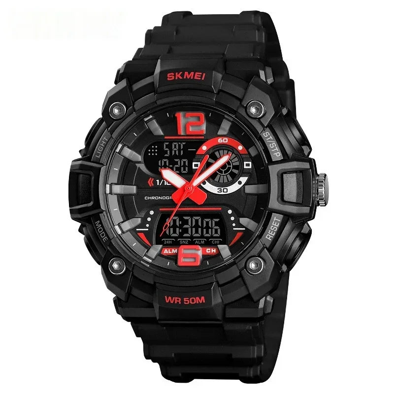 Men's sports digital-analog watch, black case with red hands and digital display