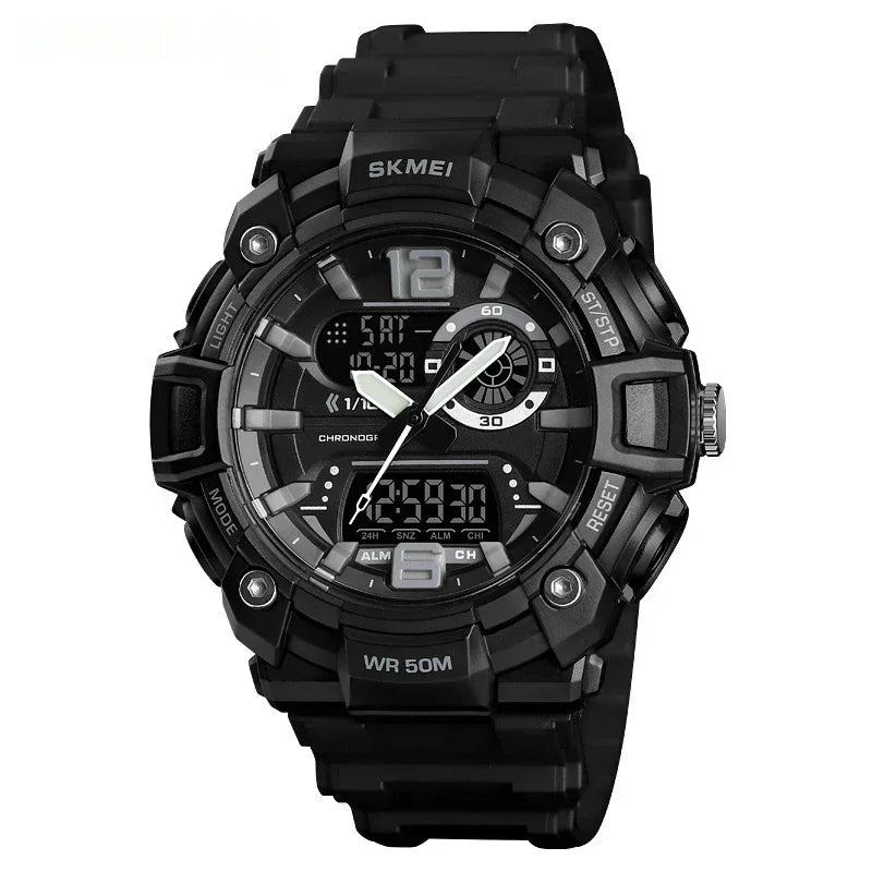 Men's sports digital-analog watch, black case with neutral dial and silver/gray details