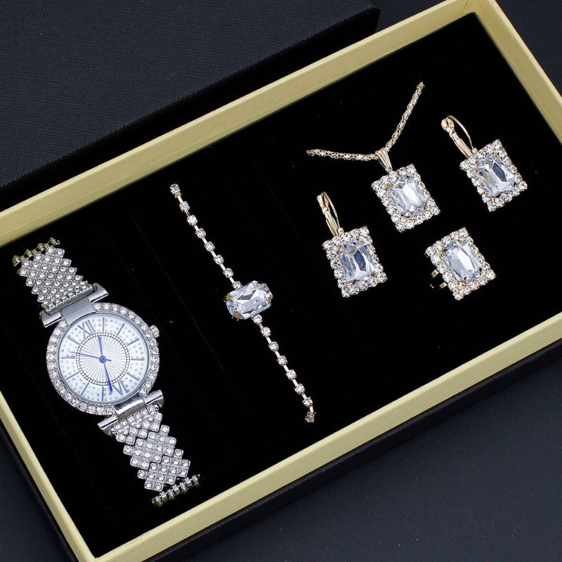 Silver-tone women's watch and jewelry set with bracelet and four square stone earrings