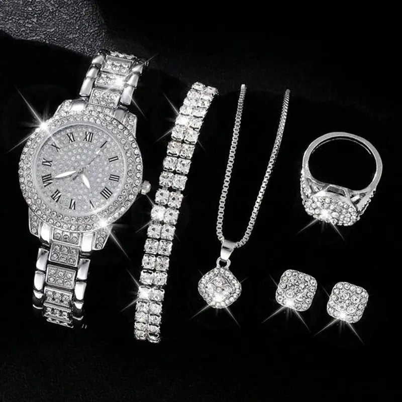 Women’s silver crystal watch and jewelry set with pendant necklace, ring, rhinestone bracelet