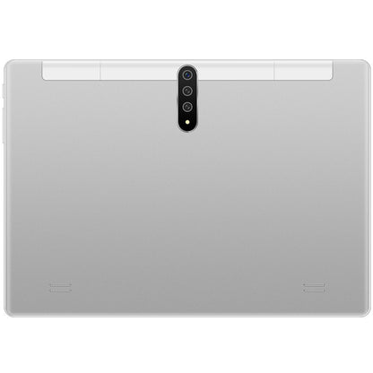 Silver tablet device on a white background