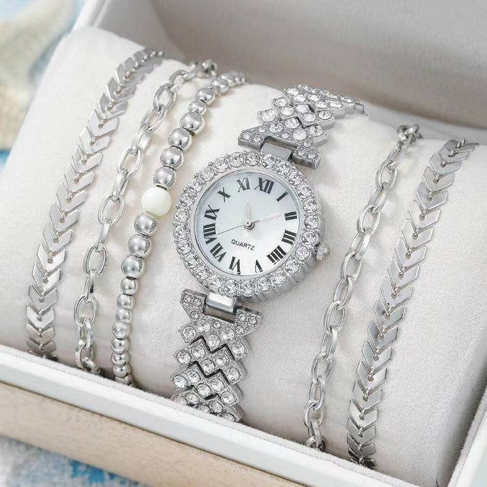 Silver-tone crystal watch and matching chain bracelets with rhinestone accents