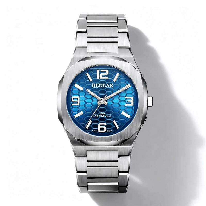 Silver watch with a blue dial on a white background