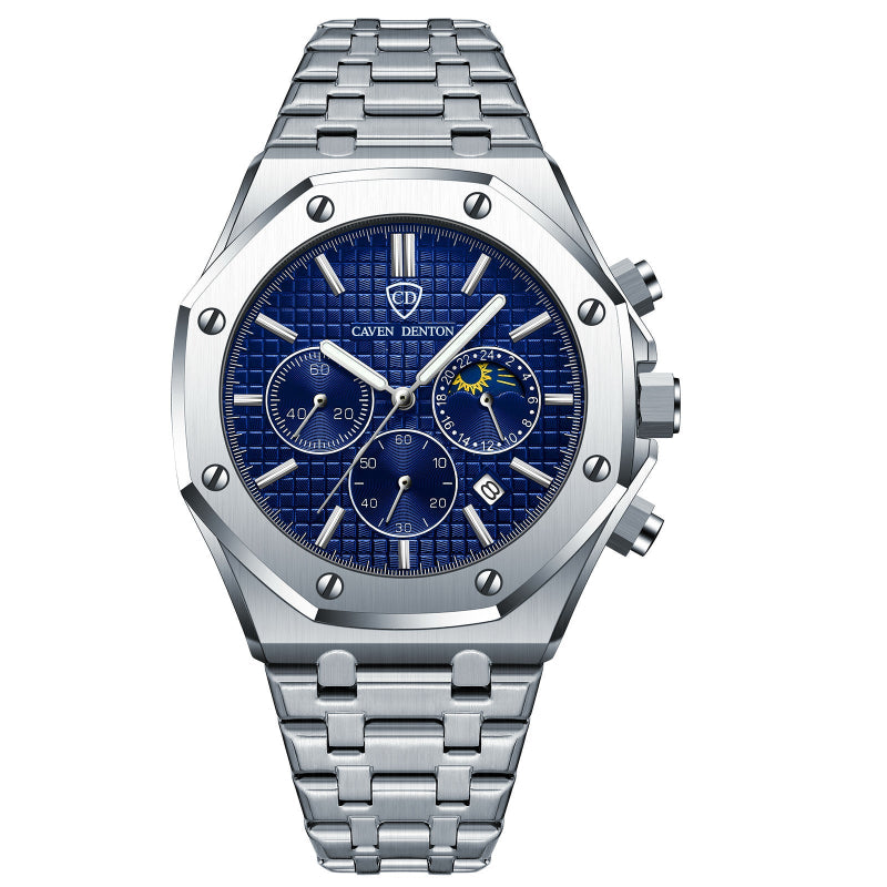 Silver watch with a blue face on a white background