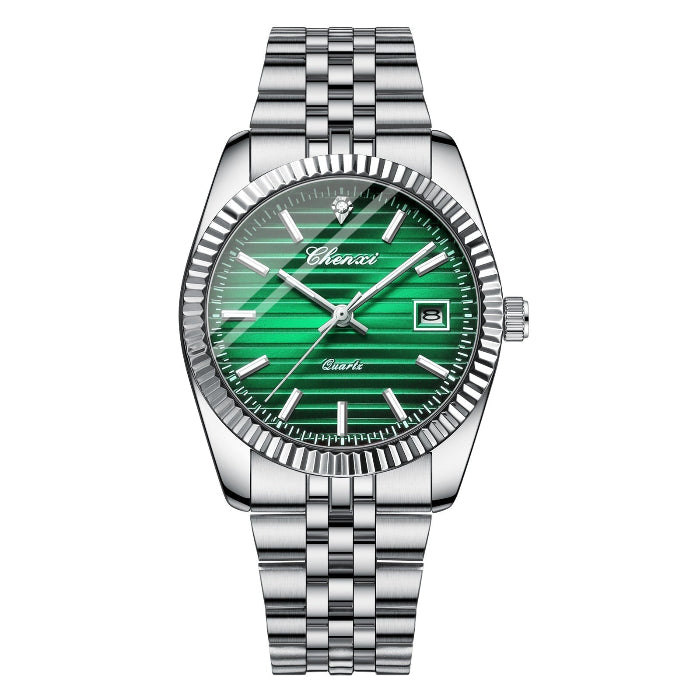 Silver watch with a green face on a white background