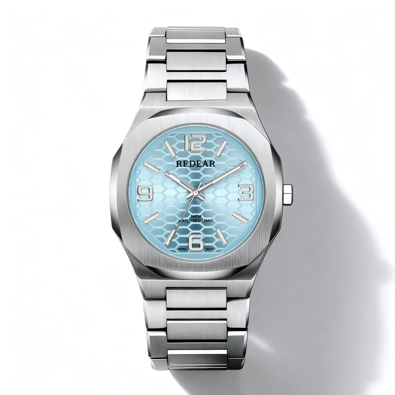 Silver watch with a light blue face on a white background