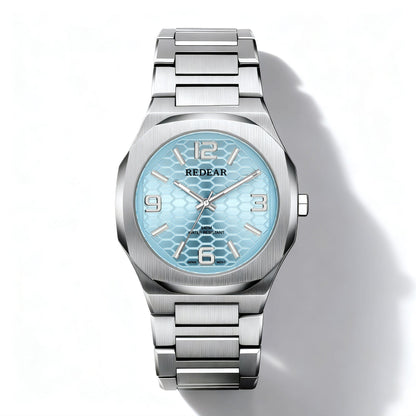 Silver watch with a light blue face on a white background