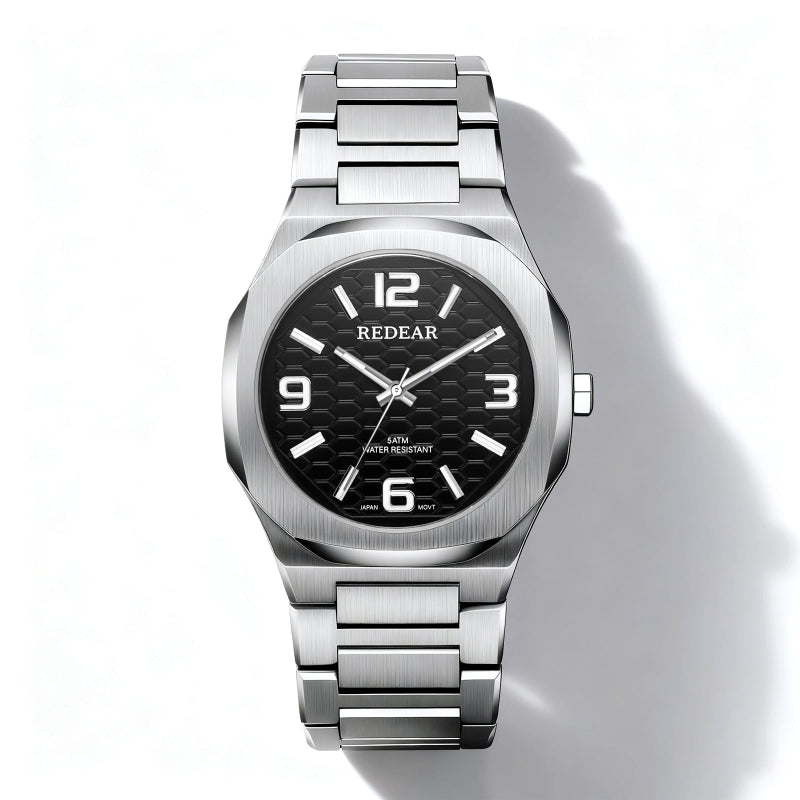Silver watch with black dial on a white background
