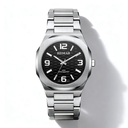 Silver watch with black dial on a white background