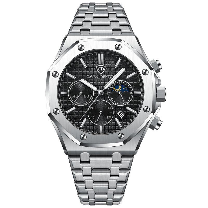 Silver watch with black dial on a white background