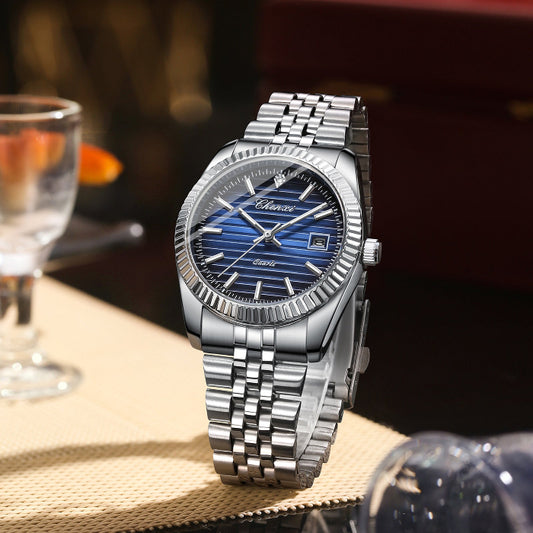 Men’s stainless steel bracelet watch with black dial and blue accent markers, quartz movement