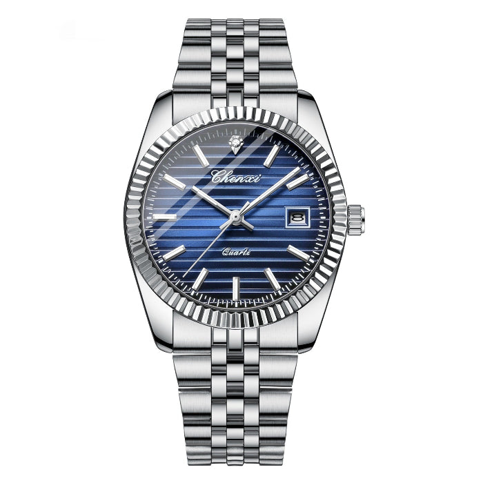 Silver watch with blue face on a white background