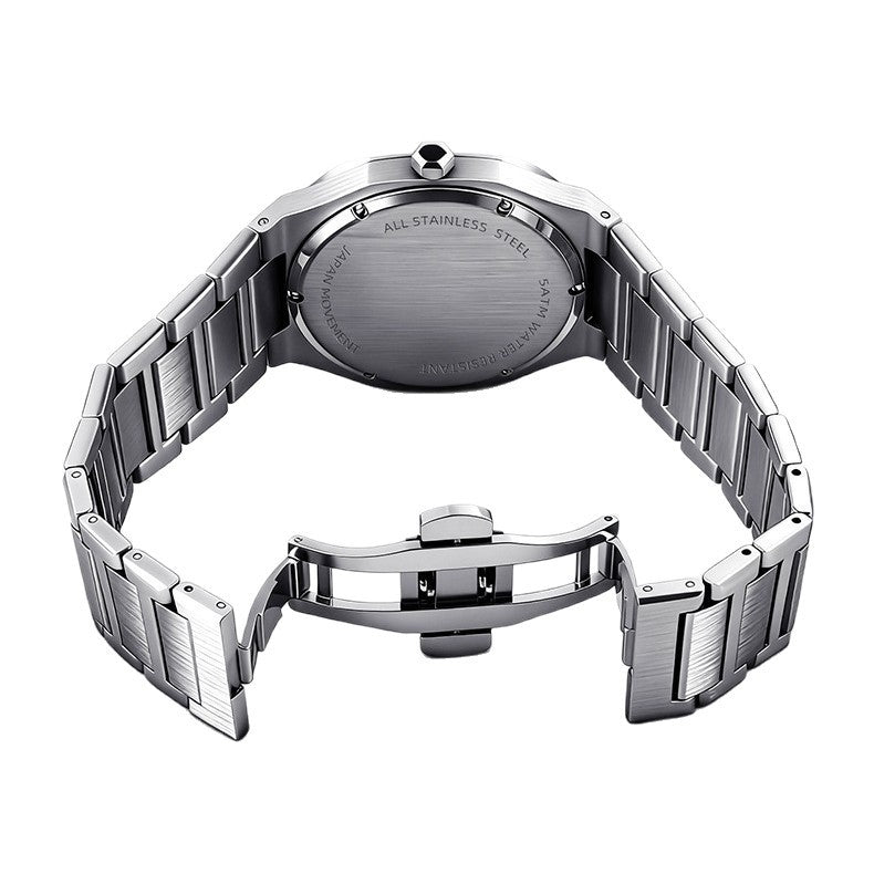 Silver watch with metal band on a white background