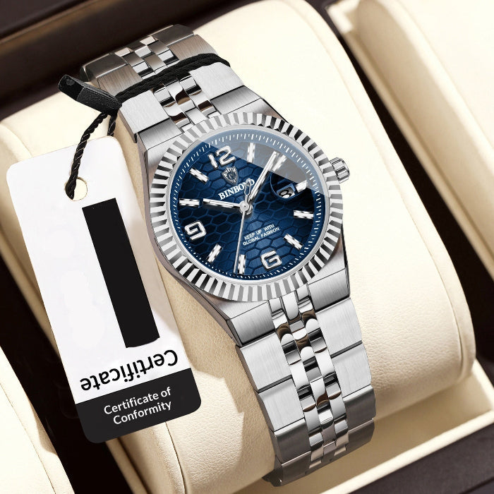 Women’s waterproof stainless steel elegance watch with dark-blue dial and silver metal bracelet