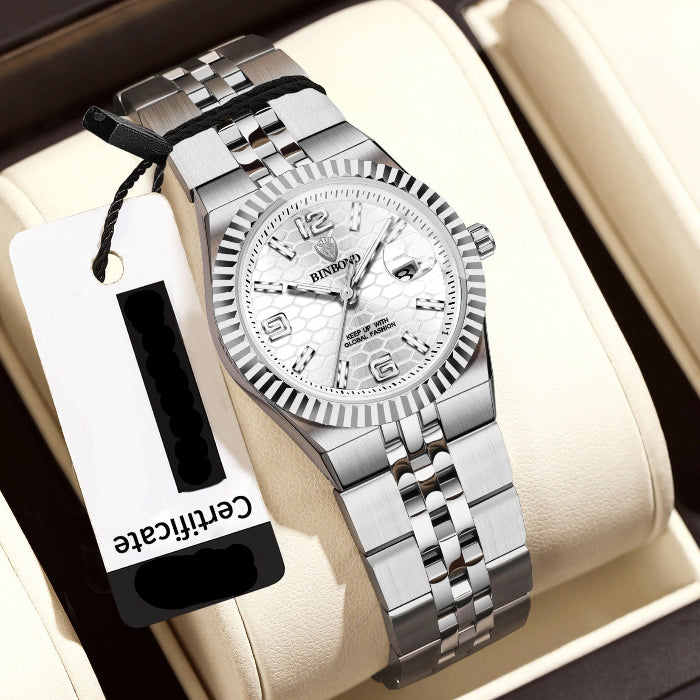 Women’s waterproof stainless steel elegance watch with white dial and silver metal bracelet