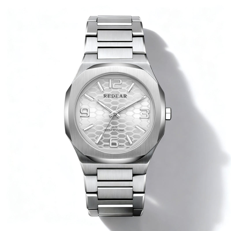 Silver wristwatch with a detailed face on a white background, branded 'REDEAR'.