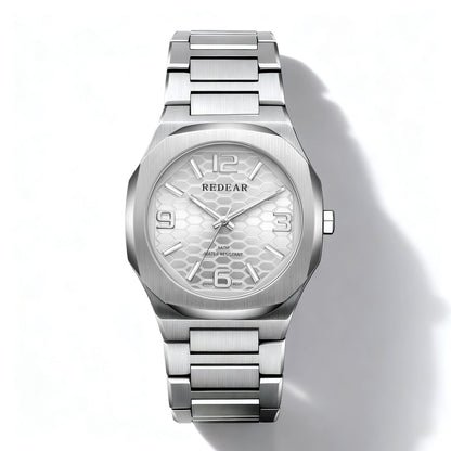 Silver wristwatch with a detailed face on a white background, branded 'REDEAR'.