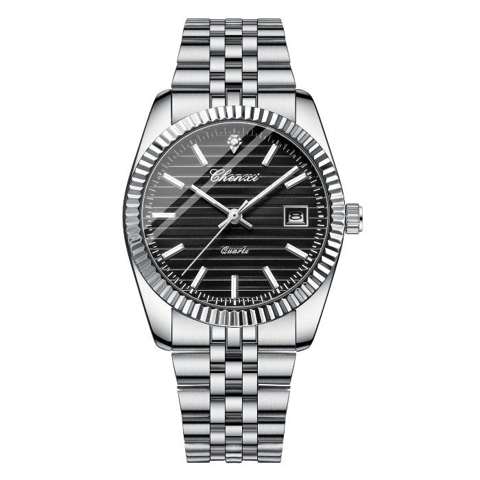 Silver wristwatch with black dial on a white background