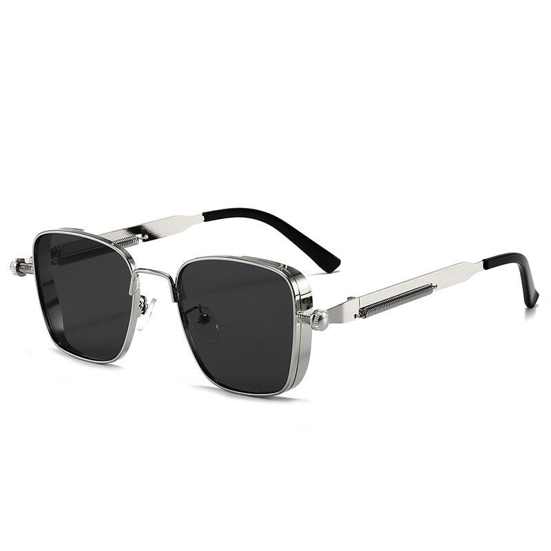 Square sunglasses with silver frame, black lenses, and black temple arms
