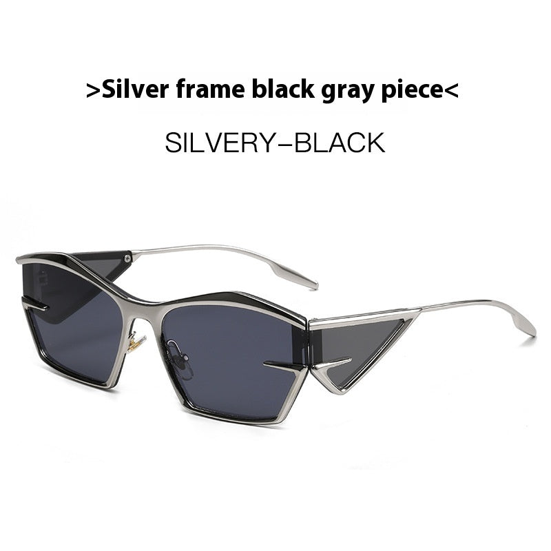 Silver-framed sunglasses with dark black-gray tinted lenses and angular full rims