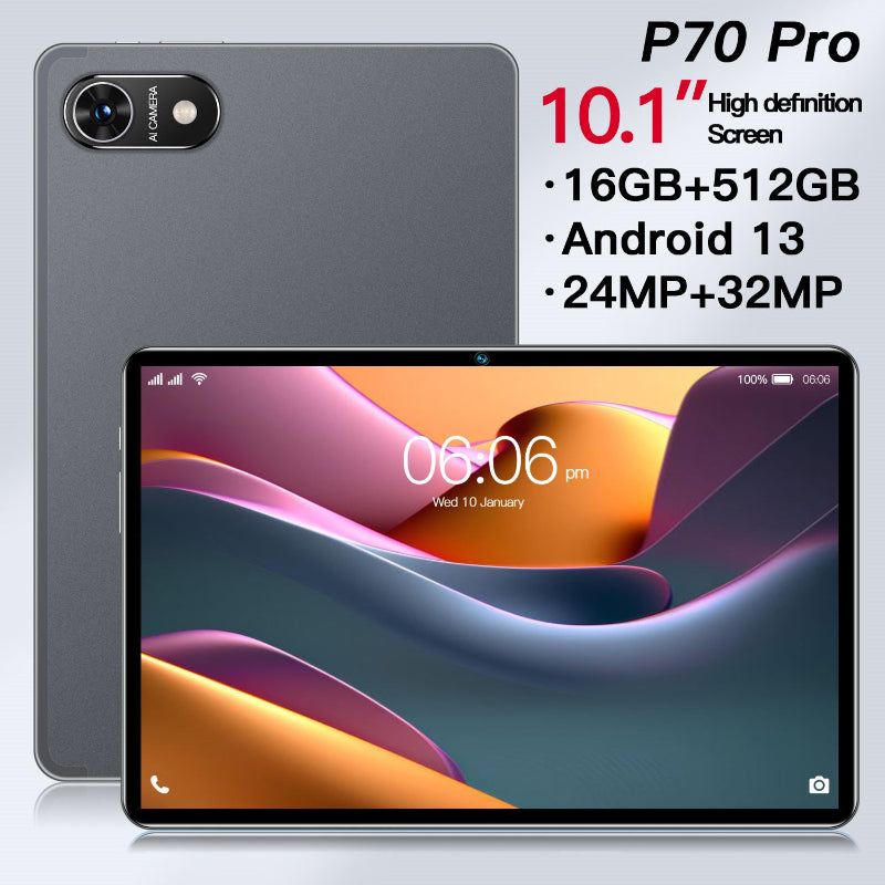 Tablet P70 Pro with 10.1-inch screen, 16GB+512GB storage, Android 13, and dual camera setup on a light gray background.