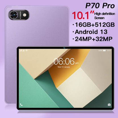 Tablet with 10.1-inch screen, 16GB+512GB storage, Android 13, and dual camera setup on a purple background.